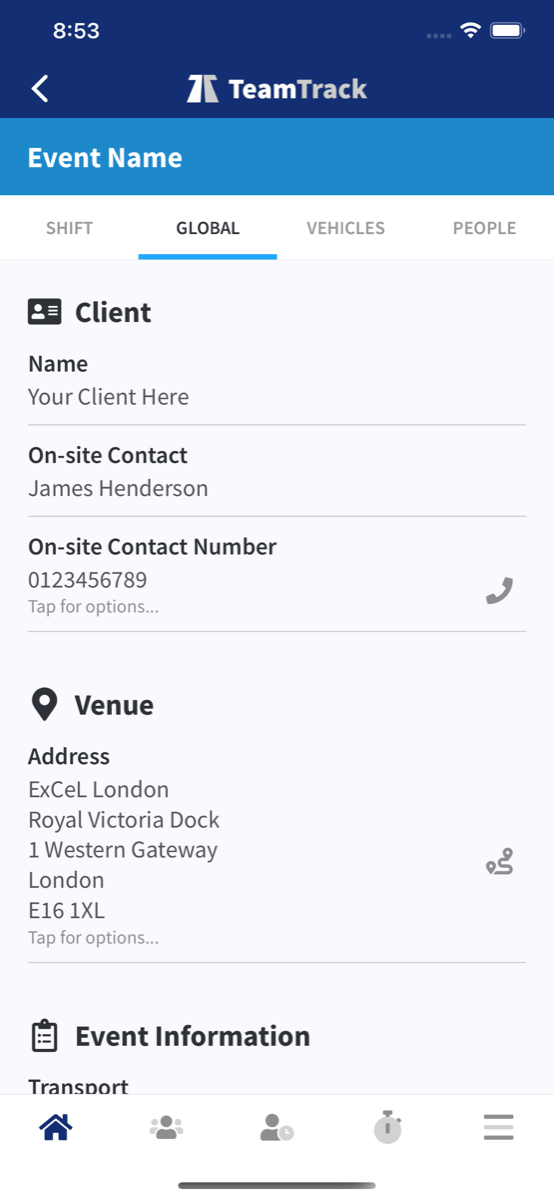 TeamTrack App In Action: Venue And Event Information