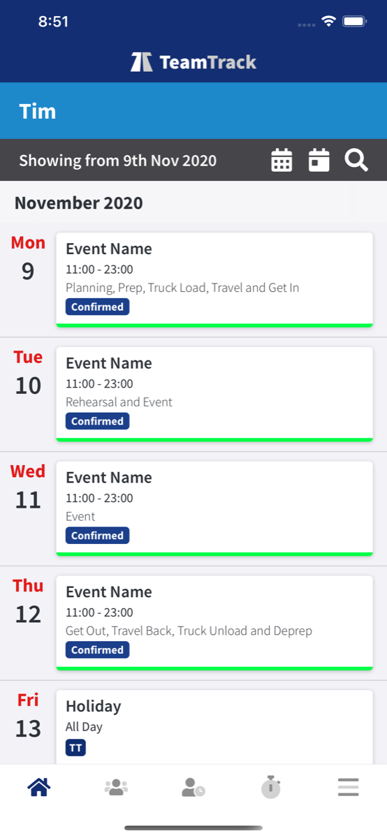 TeamTrack App In Action: Event Schedule
