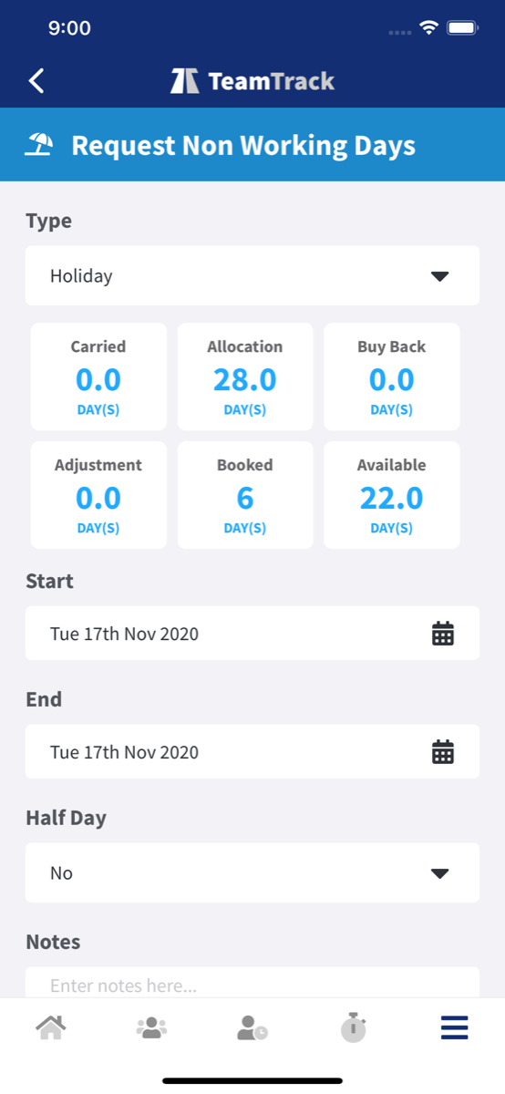 TeamTrack App In Action: Non-Working Days