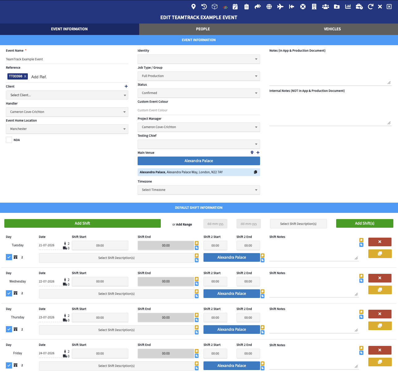 Event & crew scheduling in TeamTrack