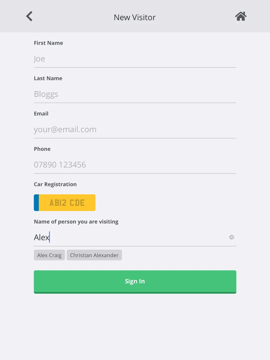 TimeCard App In Action: New Visitor Registration